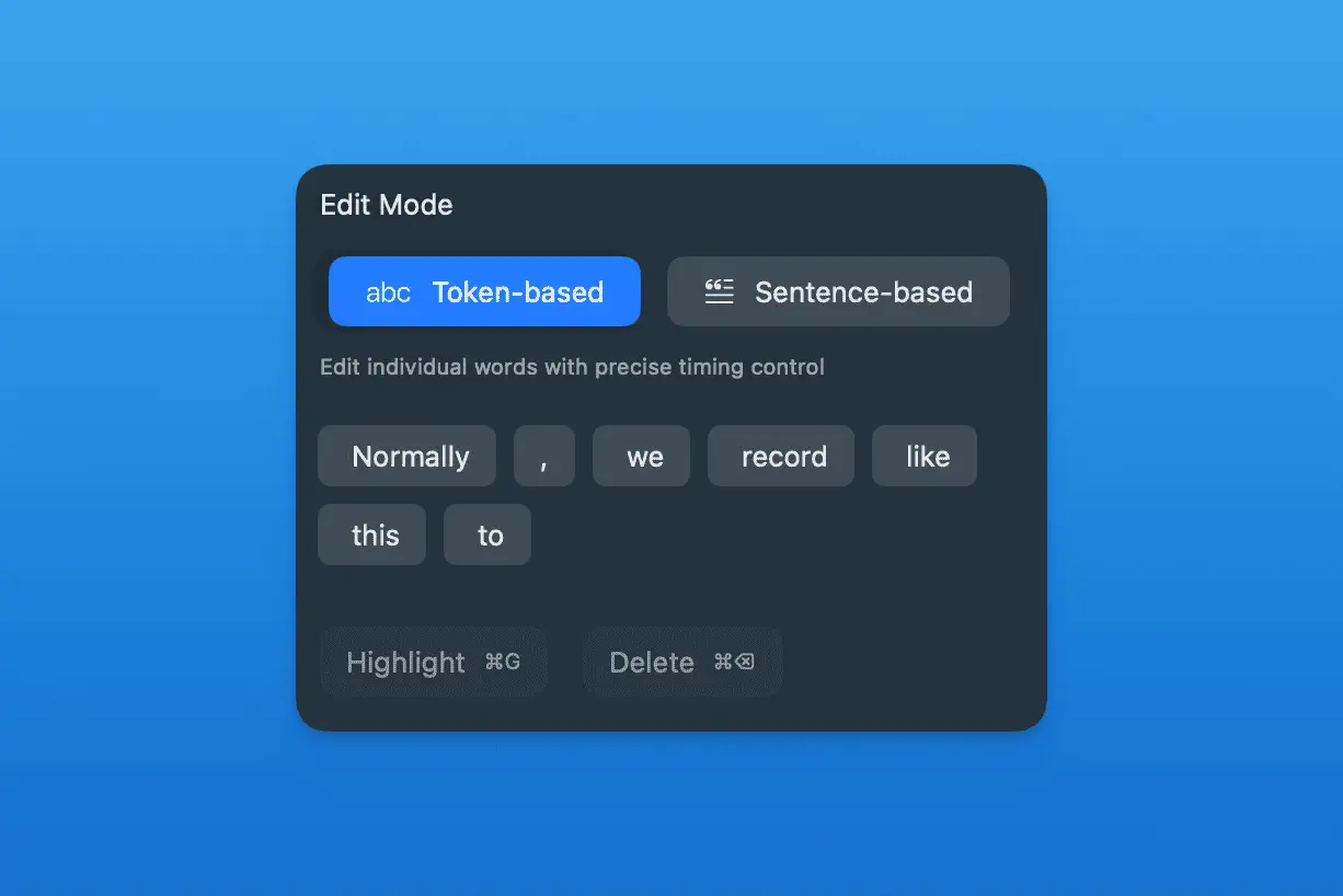 ScreenSage Pro caption editor showing token and sentence editing modes