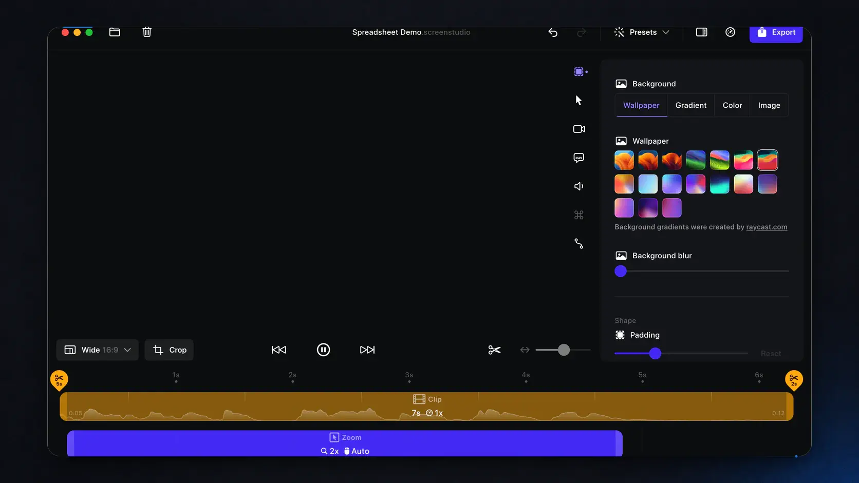 Screen Studio editor with automatic zoom timeline and background controls