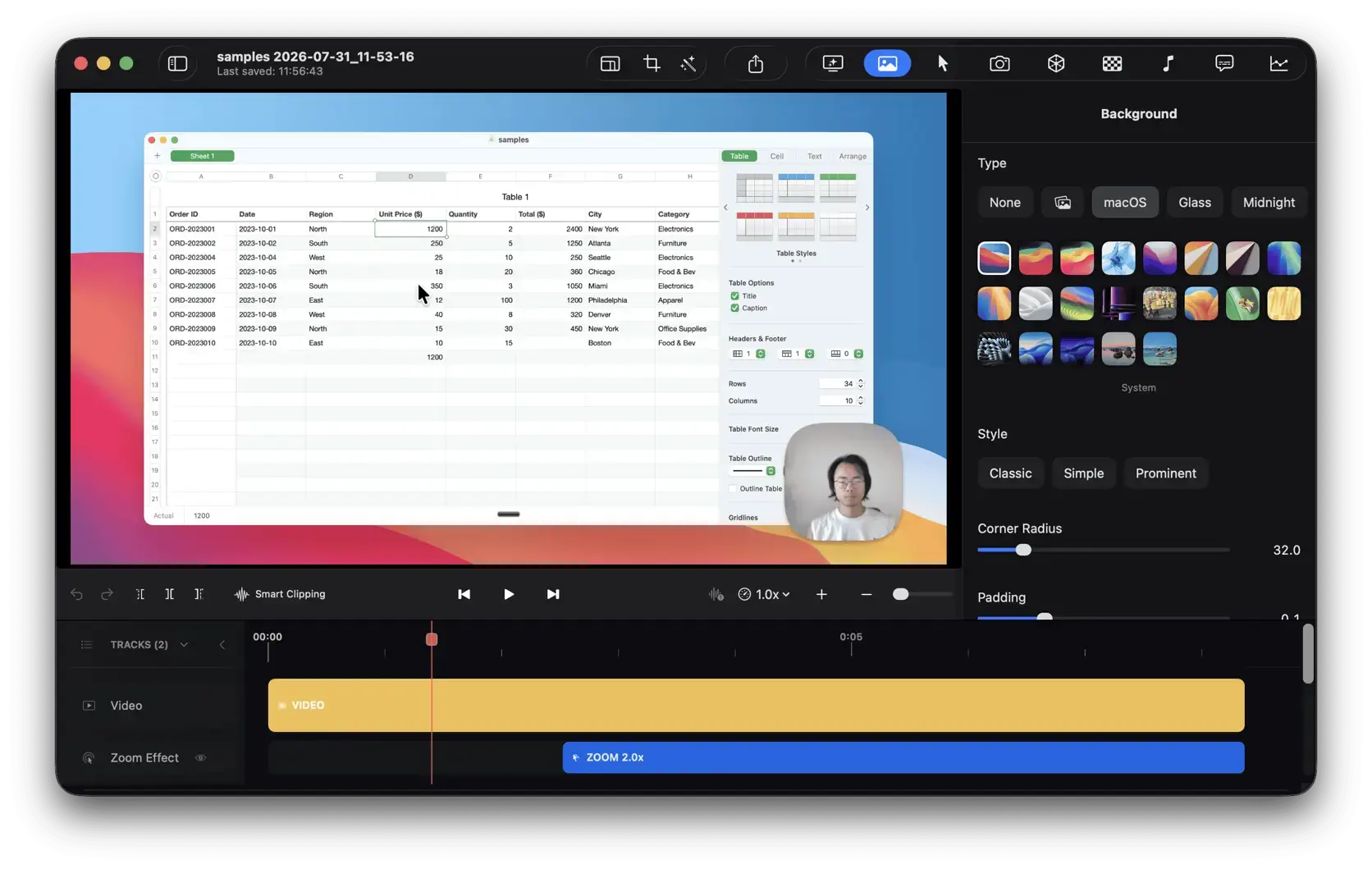 ScreenSage Pro editor with background controls, webcam overlay, and a separate zoom-effect track