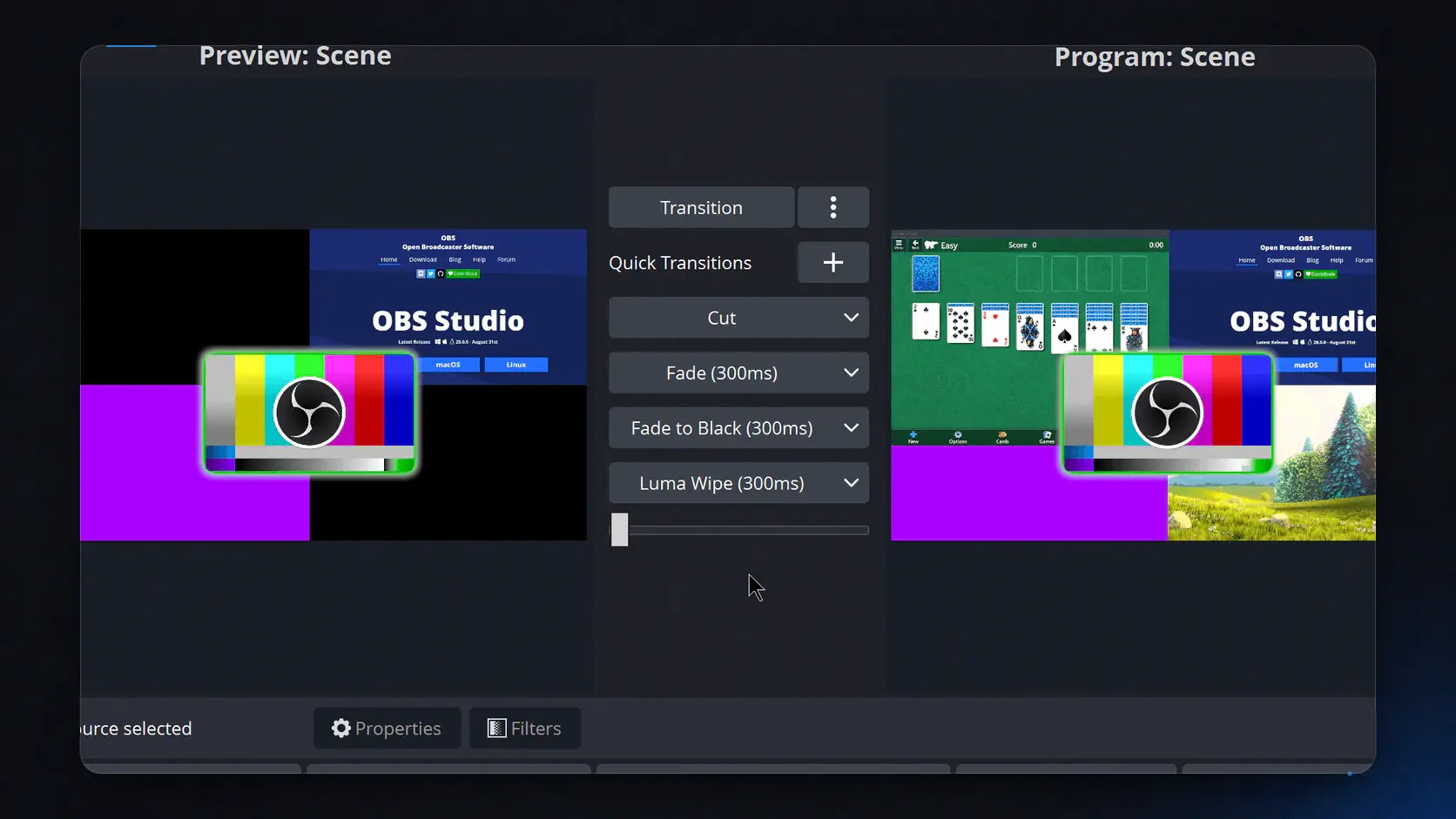 OBS Studio Mode with preview program scenes and transition controls