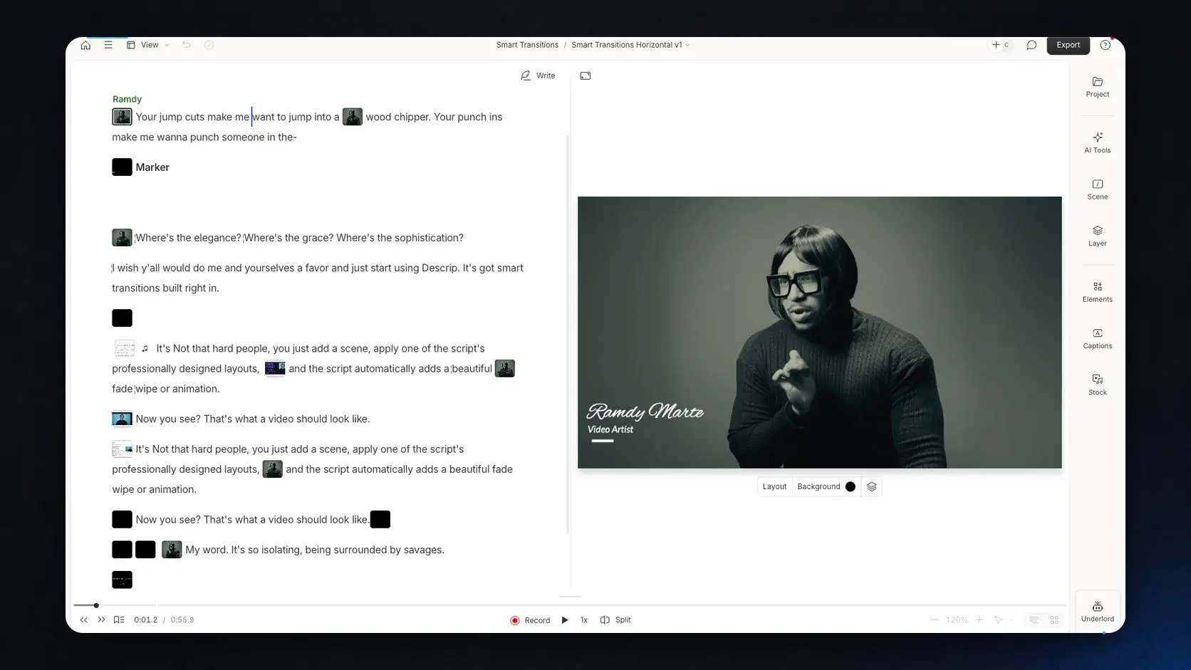 Descript editor with transcript video preview and timeline controls